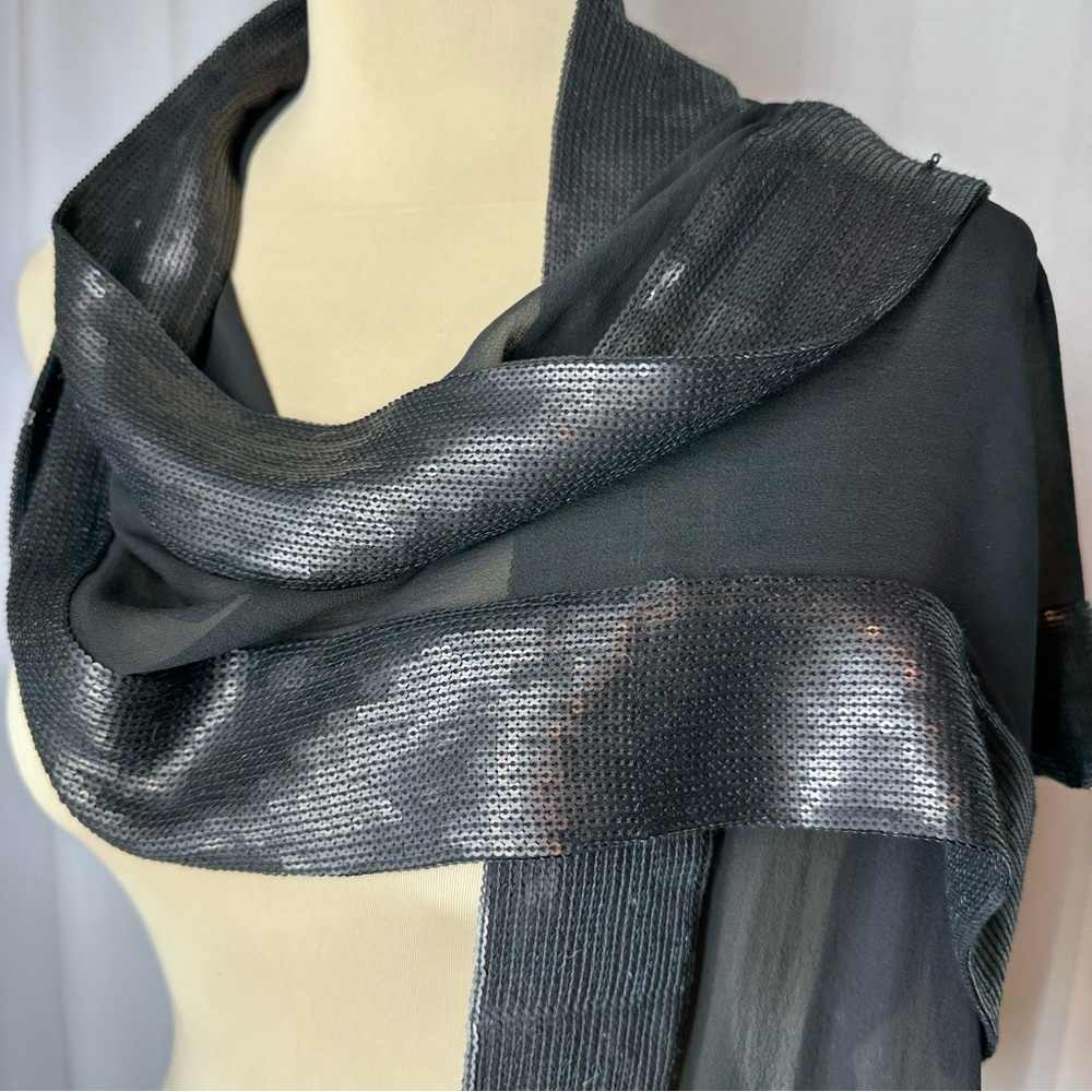 Sequined Trim Black Scarf/Wrap 11 1/2” x 57” Sheer Evening READ - Picture 2 of 6